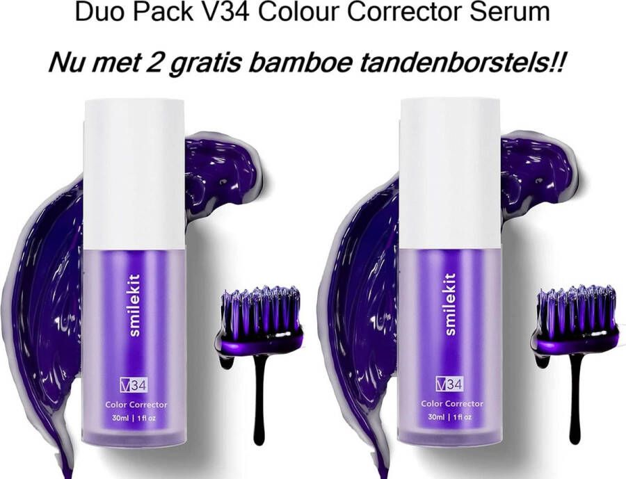 SmileKit Duo verpakking V34 Colour Corrector Serum met 2 GRATIS bamboe tandenborstels Witte Tanden Paarse Tandpasta Teeth Whitening Hi Kleurcorrector- Hismile hi Tanden Bleken