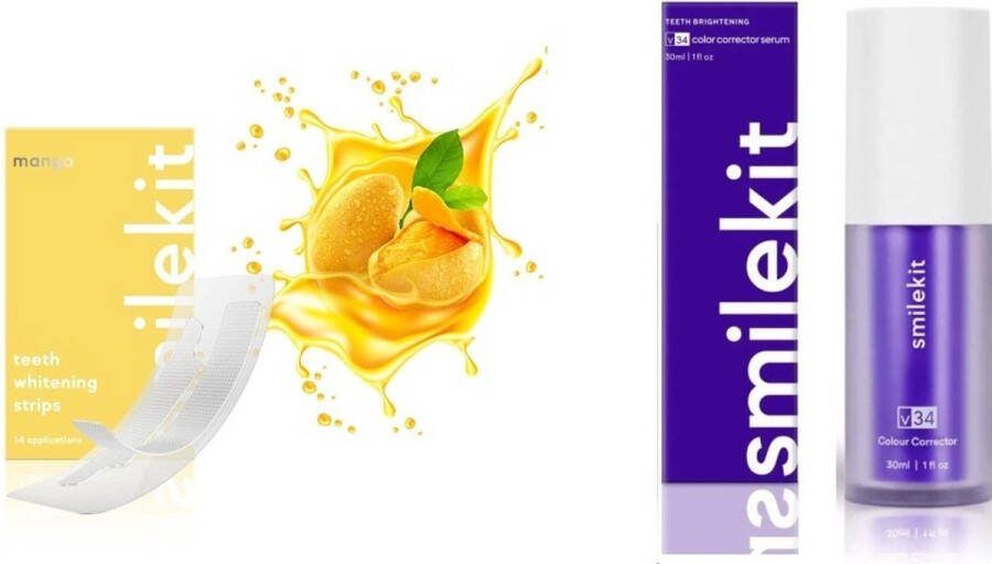 SmileKit Tandenbleekset Mango Whitening Strips & V34 Colour Corrector Serum 100% Peroxide Vrij PAP+ Tandenbleekstrips Paarse tandpasta -Whitestrips Hismile Crest