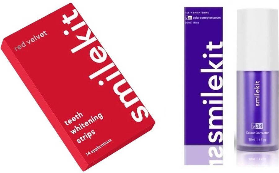 SmileKit Tandenbleekset Red Velvet Whitening Strips & V34 Colour Corrector Serum Tandenblekers Zonder Peroxide 100% Peroxide Vrij PAP+ Tandenbleekstrips Paarse tandpasta -Whitestrips Hismile Crest