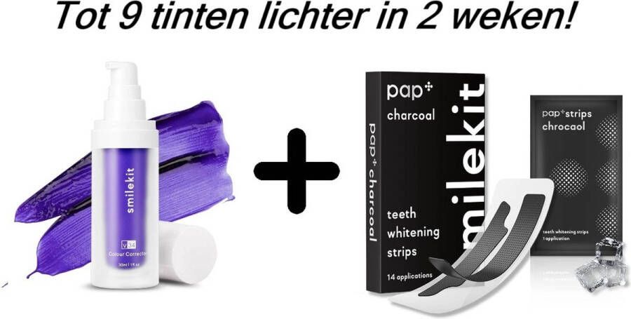 SmileKit Tandenbleekset V34 Colour Corrector Serum + Charcoal & Pap+ Whitening Strips Tot wel 9 tinten lichter Witte tanden Paarse Tandpasta tanden bleken zonder peroxide Hismile Glorysmile Hollywood White Bleek strips