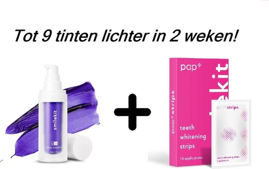 SmileKit Tandenbleekset V34 Colour Corrector Serum & Pap+ Whitening Strips Tot wel 9 tinten lichter- Witte tanden Paarse Tandpasta tanden bleken zonder peroxide Hismile Hollywood White Bleek strips teeth whitening