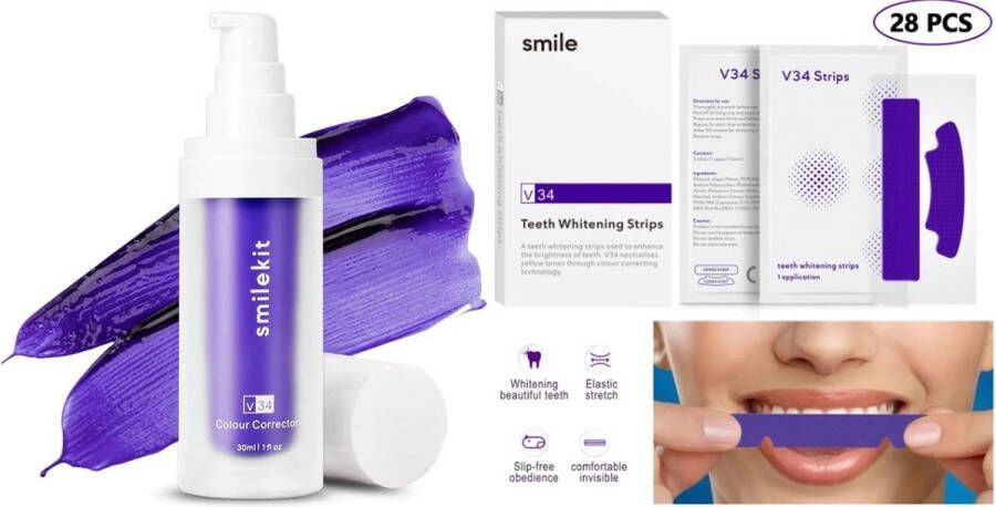 SmileKit Tandenbleekset V34 Colour Corrector Serum & V34 Colour Corrector Whitening Strips Witte Tanden Paarse Tandpasta Teeth Whitening Hi Kleurcorrector- Hismile hi