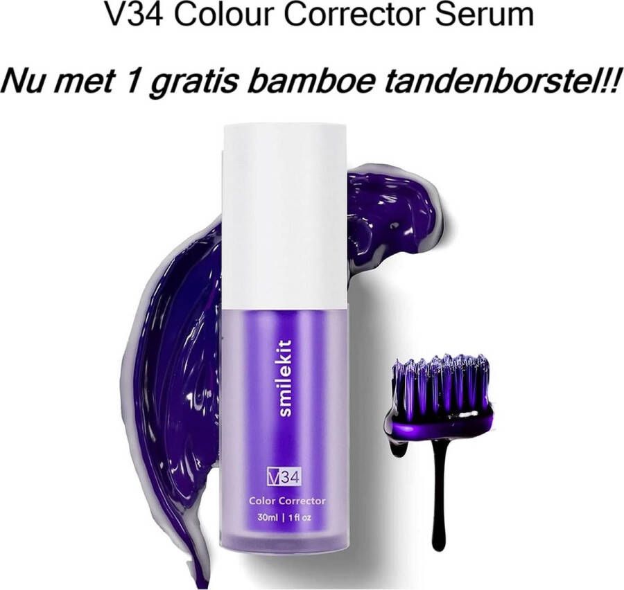 SmileKit V34 Colour Corrector Serum met GRATIS bamboe tandenborstel Witte Tanden Paarse Tandpasta Teeth Whitening Hi Kleurcorrector Tanden Bleken