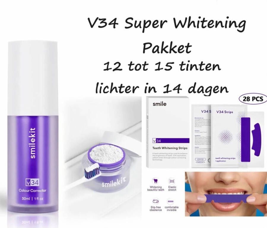 SmileKit V34 Super Whitening Pakket- Tandenbleekset Bestaande uit: V34 Colour Corrector Serum V34 Colour Corrector Poeder & de V34 Colour Corrector Whitening Strips Witte Tanden Paarse tandpasta Teeth Whitening Hismile Tanden Bleken