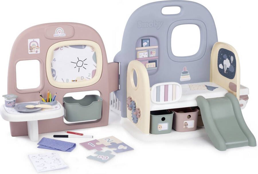 SMOBY Baby Care Baby verzorgingscentrum kinderopvang voor poppen met 5 verschillende ruimtes: ingang speeltuin toilet dutje maaltijd creatief