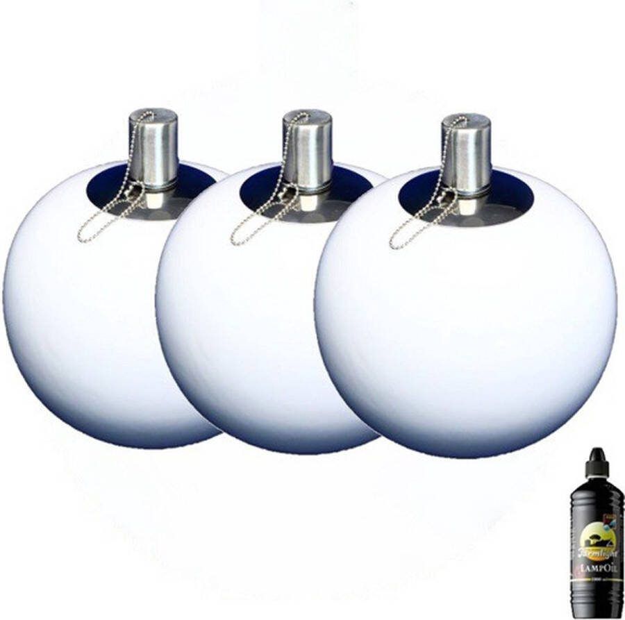 Smulders Deco 3 stuks wit keramiek tuinfakkels tafel- en terras tuimeltoortsen model bolvormig 165 140 (8 uur) Keramiek met rvs reservoir + 1 liter olie
