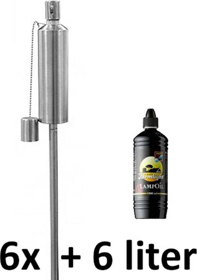 Smulders Deco 6 stuks RVS tuinfakkels verstelbaar 85 115 cm zilverkleurig roestvrij staal (16 uur) met 6 liter fakkelolie