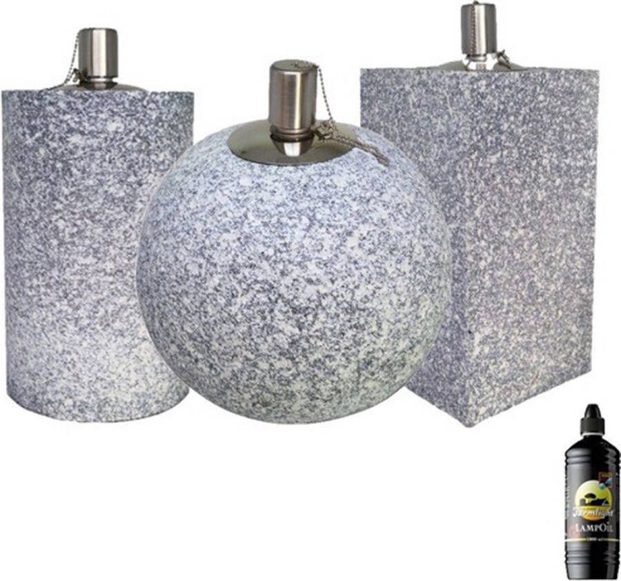 Smulders Deco Trio set betonlook terrazzo tuinfakkels tafel- en terras assorti (8 uur) Kunststof met rvs reservoir + 1 liter olie
