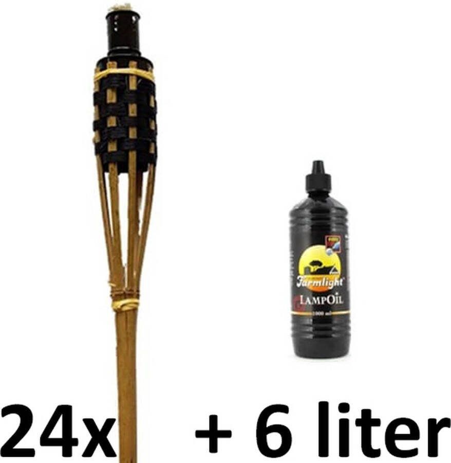 Smulders Deco 24 stuks Bamboe tuinfakkels 120 cm zwart en lichtbruin (7 uur) met 6 liter fakkelolie