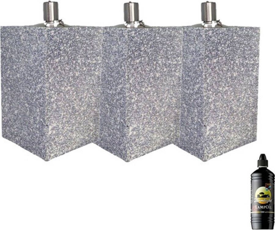 SmuldersDeco 3 stuks betonlook terrazzo tuinfakkels tafel- en terras model rechthoekig 205 100 100 (8 uur) Kunststof met rvs reservoir + 1 liter olie