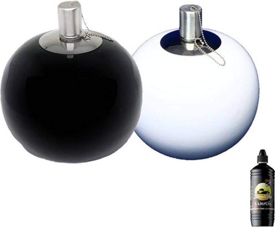 Smulders Deco Duo set zwart met wit keramiek tuinfakkels tafel- en terras tuimeltoortsen model bolvormig 165 140 (8 uur) Keramiek met rvs reservoir + 1 liter olie
