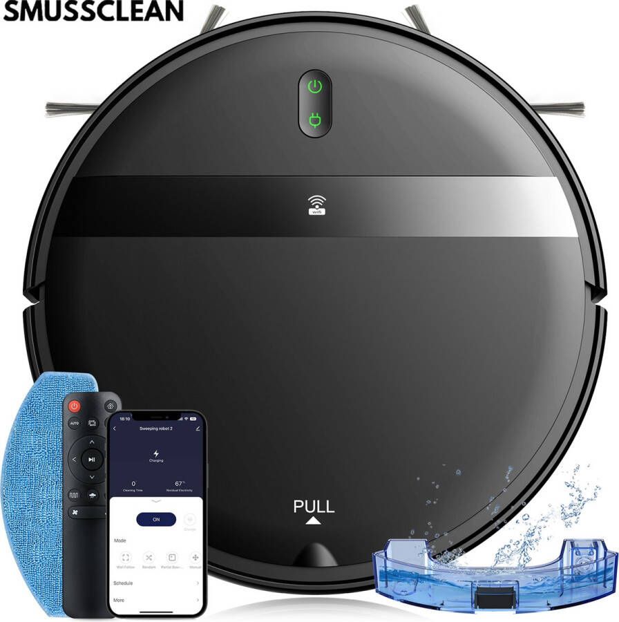 SmussClean Q1 Pro Robotstofzuiger- Robotstofzuiger met dweilfunctie Met App en afstandsbediening Geschikt voor huisdieren Droog en nat dweilen Geschikt voor elk vloer type Tapijt 1400Pa zuigkracht