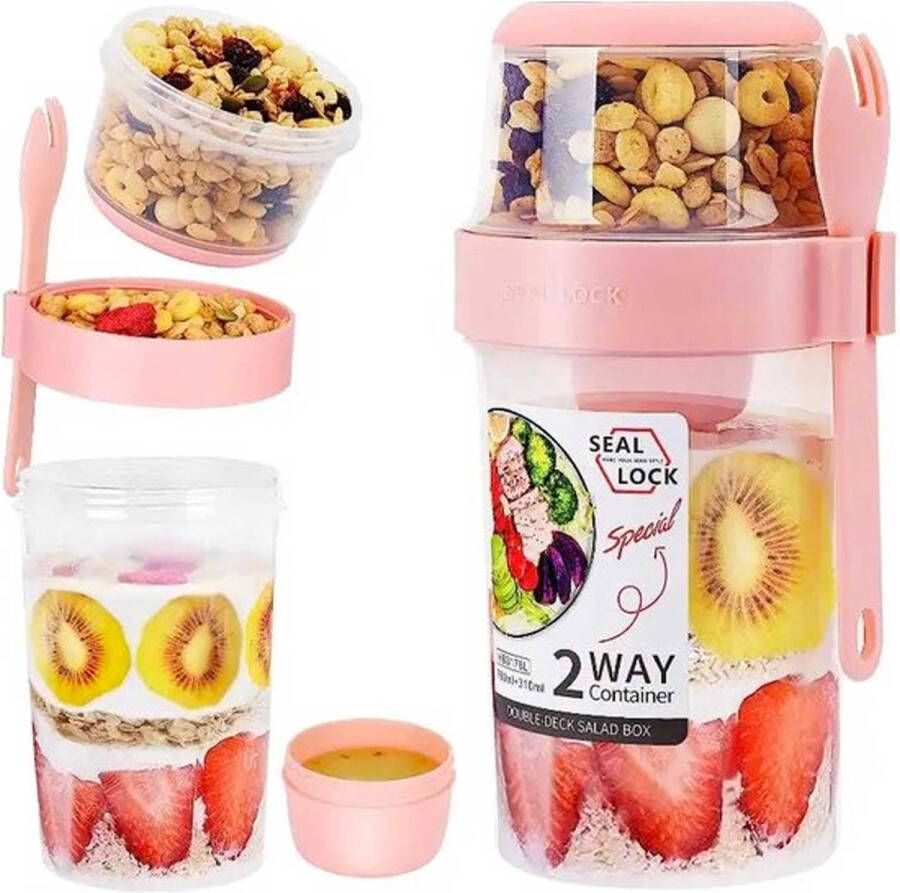 Snaplunch Yoghurt beker met muesli houder to go Roze Salade Shaker Fruit Container met Spork en Dressingcup 310ml+610ml Roze