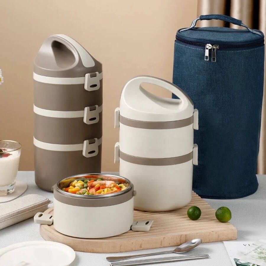 SNL HOME RVS Japanse Bento 2 lagen voor warme lunchbox (1.8 lt.) stapelbaar bruin
