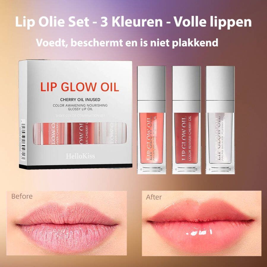 Snuffelvoordeel Lip Oil Set 3 Kleuren Lip Olie Set Ook voor over Lipstick Hydraterende Lip Olie Verzorgende Volle en Zachte Lippen Met Kersenolie 3 x 8ml Diervriendelijk