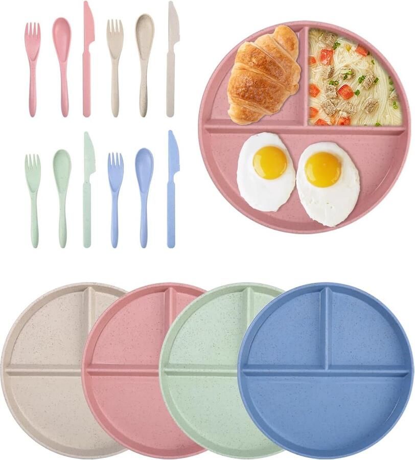 Sobeau Set van 4 platte borden van gezond PP scheidingsborden onbreekbaar servies menuborden BPA-vrij eetborden (incl. 4 messen 4 vorken 4 lepelset)
