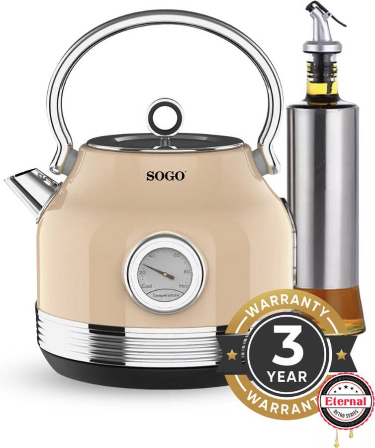 SOGO Human Technology Sogo SS-7765-B Retro Beige Waterkoker Charmante Waterkoker in Retrostijl voor Hartverwarmende Momenten inclusief Glazen Oliefles van Maxenza