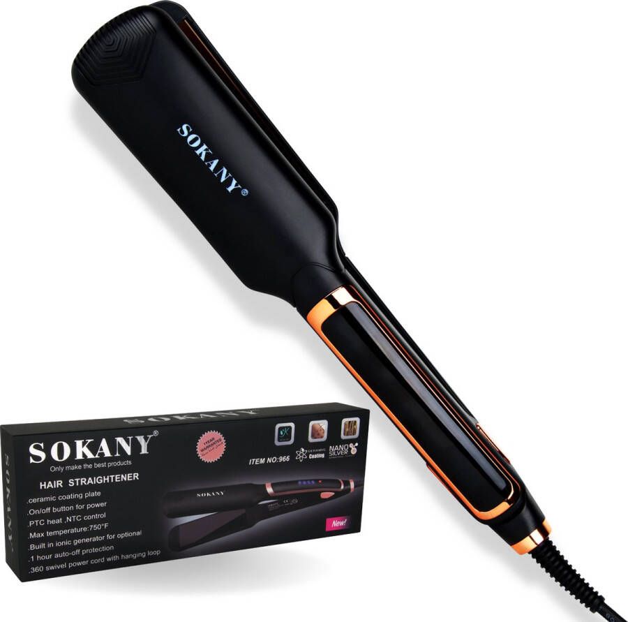 Sokany Premium Stijltang Hair Straightener Keramische Platen Brede Platen PTC beschermd Zwart