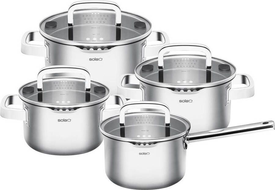 Sola Juvia Pannenset Inductie Kookpannen Set 4 Delig Ø 16 18 20 cm Premium RVS Pannen Sandwichbodem Geschikt voor Elke Warmtebron PFAS-Vrij Zilver