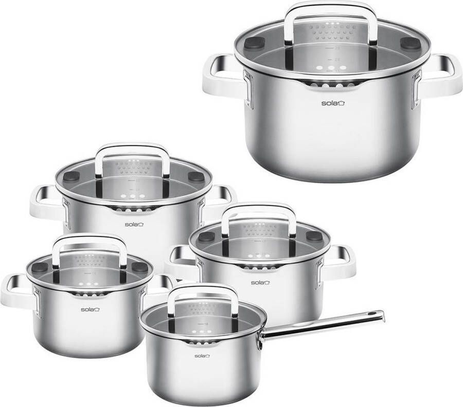 Sola Juvia Pannenset Inductie 5 Delig Ø 16 18 20 24 cm Kookpannen Set met Steelpan Premium RVS Pannen Sandwichbodem Geschikt voor Elke Warmtebron PFAS-Vrij Zilver