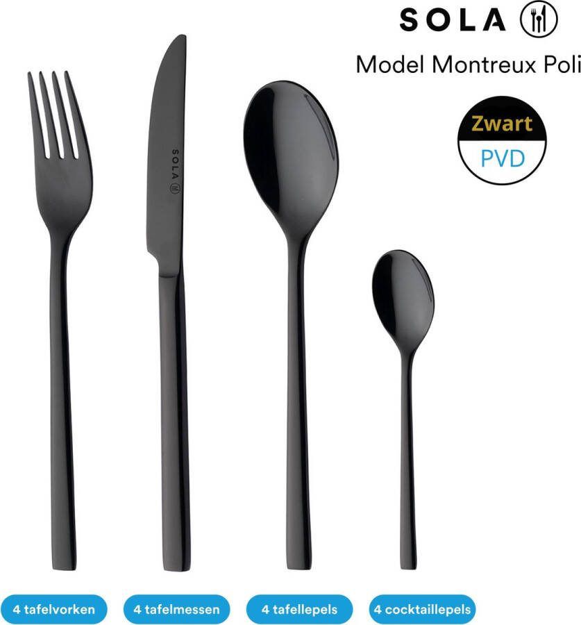 Sola Bestek Set Montreux 16 Delig Bestekset 4 Persoons Modern Vaatwasserbestendig Zilverwit Premium Edelstaal 18 10 RVS Zwart