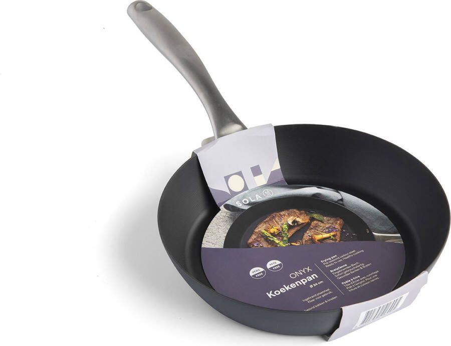 Sola Onyx Koekenpan Ø 24 cm PFAS-vrije Carbon Plaatstaal Pan Geschikt voor Inductie Elektrisch Gas Oven en Keramisch Zilver Zwart