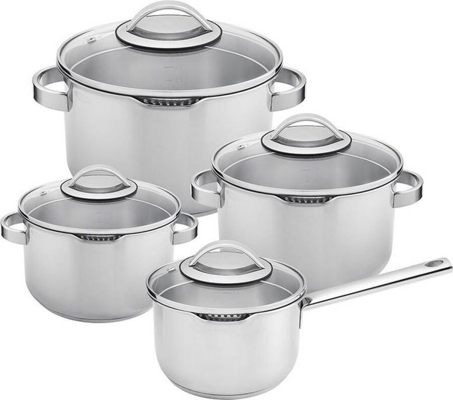 Sola Pearl Pannenset Inductie Kookpannen Set 4 Delig Ø 16 18 20 cm Premium RVS Pannen Sandwichbodem Geschikt voor Elke Warmtebron PFAS-Vrij Zilver