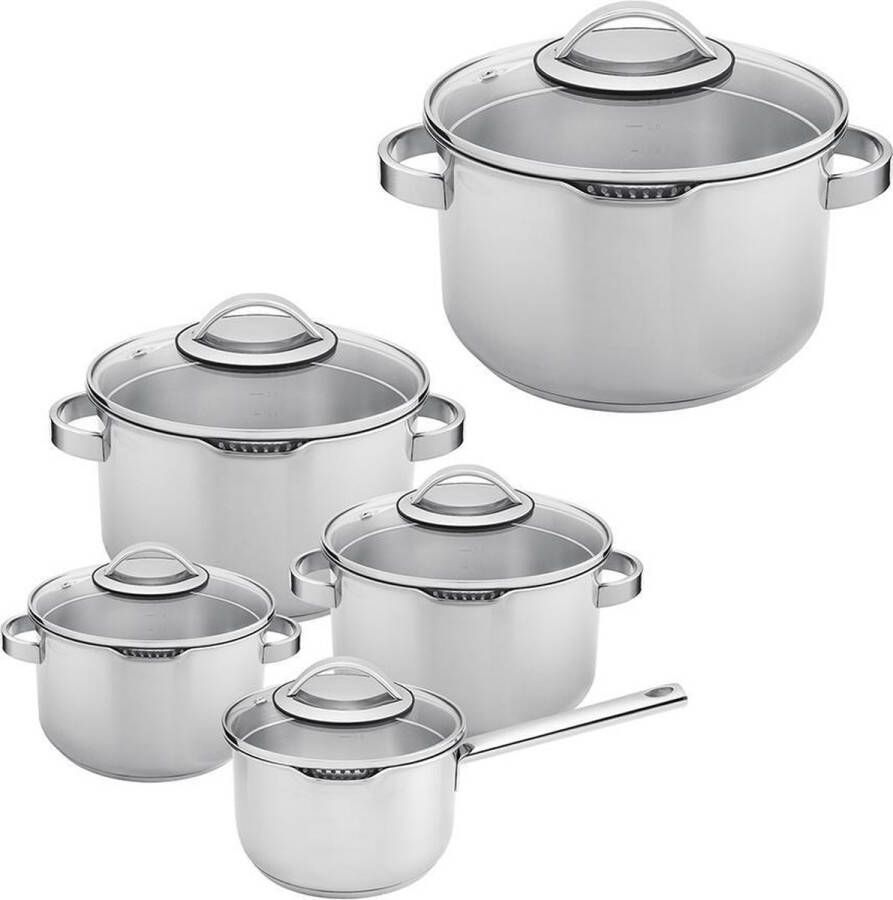 Sola Pearl Pannenset Inductie 5 Delig Ø 16 18 20 24 cm Kookpannen Set met Steelpan Premium RVS Pannen Sandwichbodem Geschikt voor Elke Warmtebron PFAS-Vrij Zilver