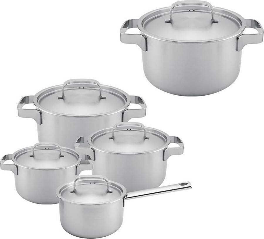 Sola Ruby Pannenset Inductie 5 Delig Ø 16 18 20 24 cm Kookpannen Set met Steelpan Premium RVS Pannen Sandwichbodem Geschikt voor Elke Warmtebron PFAS-Vrij Zilver