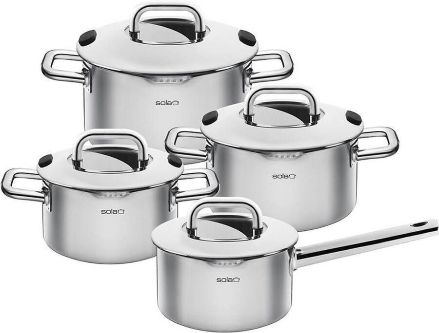 Sola Zuma Pannenset Inductie Kookpannen Set 4 Delig Ø 16 18 20 cm Premium RVS Pannen Sandwichbodem Geschikt voor Elke Warmtebron PFAS-Vrij Zilver