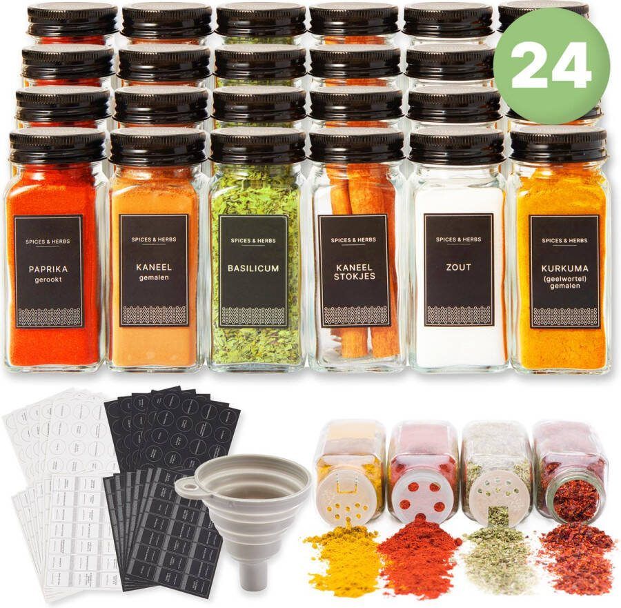 S.old 24 Glazen Kruidenpotjes vierkant met Deksel Zwart Kruidenstrooier Complete set met Strooideksels Voorbedrukte Stickers en Trechter Inhoud 120 ml 10 5 x 4 3 cm