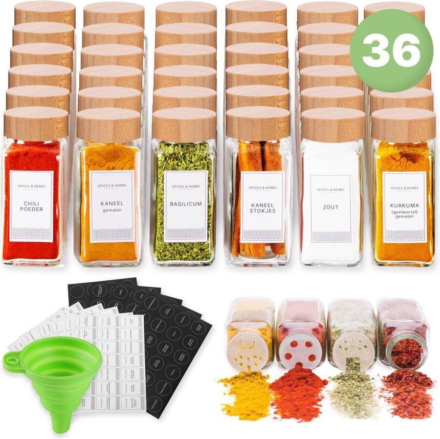 S.old 36 Glazen Kruidenpotjes vierkant met Bamboe Deksel Kruidenstrooier Complete set met Strooideksels Voorbedrukte Stickers en Trechter Inhoud 120 ml 10 5 x 4 3 cm
