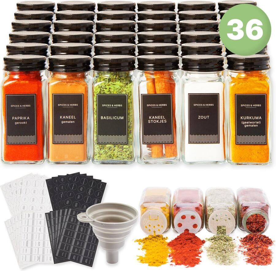 S.old 36 Glazen Kruidenpotjes vierkant met Deksel Zwart Kruidenstrooier Complete set met Strooideksels Voorbedrukte Stickers en Trechter Inhoud 120 ml 10 5 x 4 3 cm