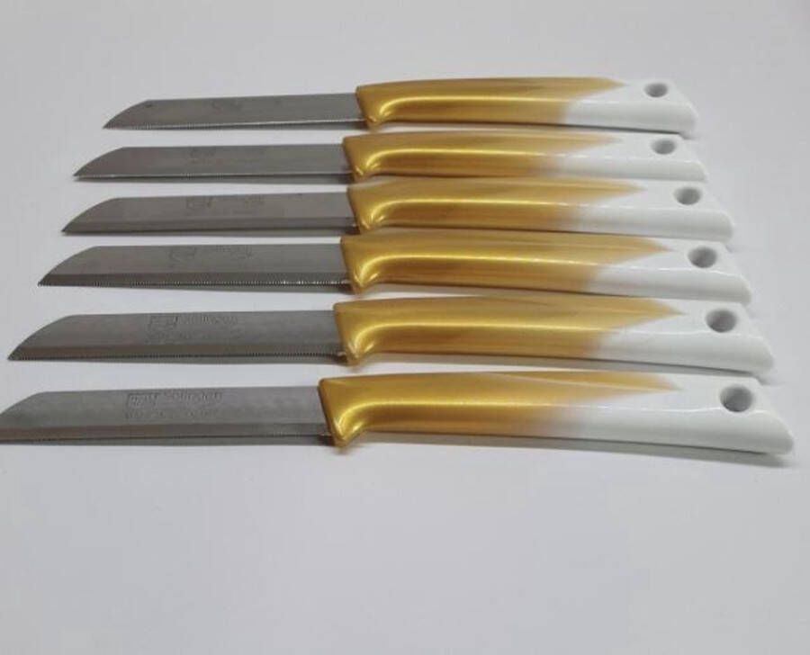 Solingen schilmes met kartel vlijmscherpe Messen set RVS (Goud-Wit) Messenset gold white knife set 6 stuks