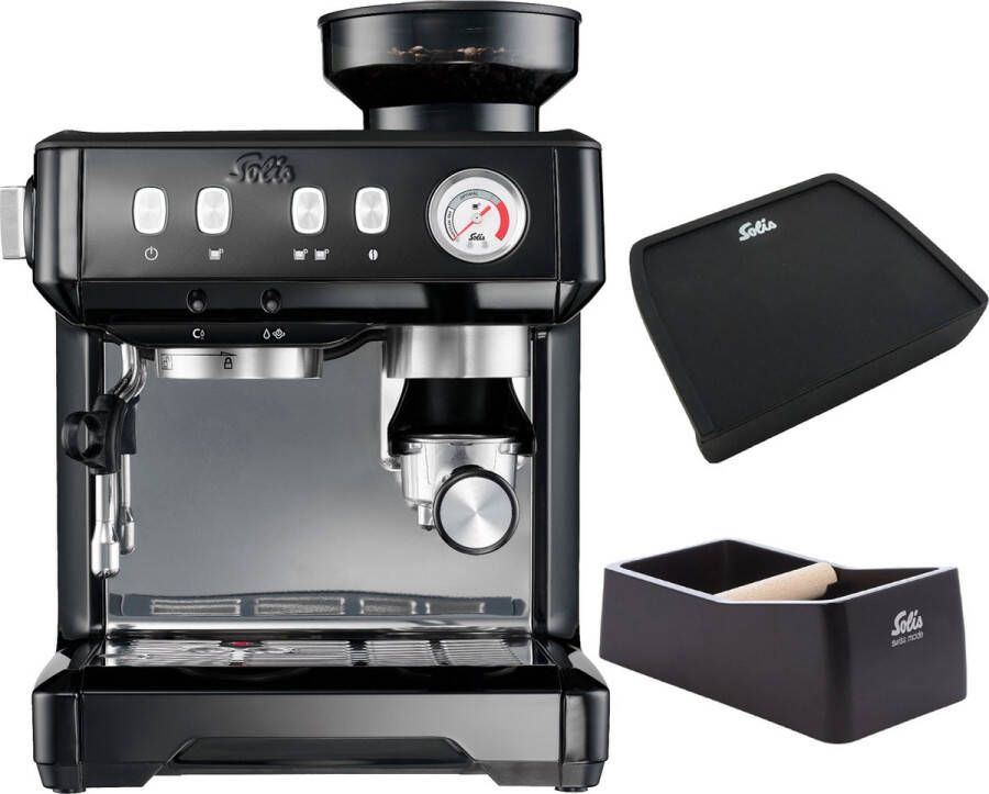 Solis Grind & Infuse Compact 1018 Pistonmachine Espressomachine Inclusief Coffee Knock-Box en Tamping Mat Zwart