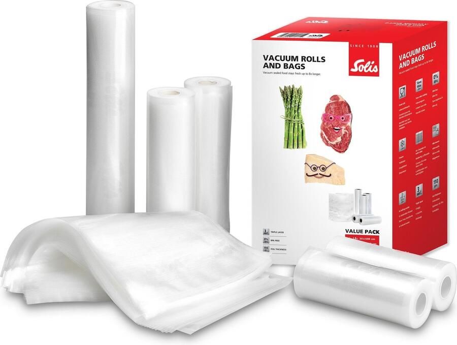 Solis 5 Vacuumrollen & 50 Vacuumzakken Voordeelverpakking Geschikt voor Diepvries Magnetron en Sous Vide Koken BPA-Vrij Drielaags Vacumeerzakken en Vacuumfolie Rollen