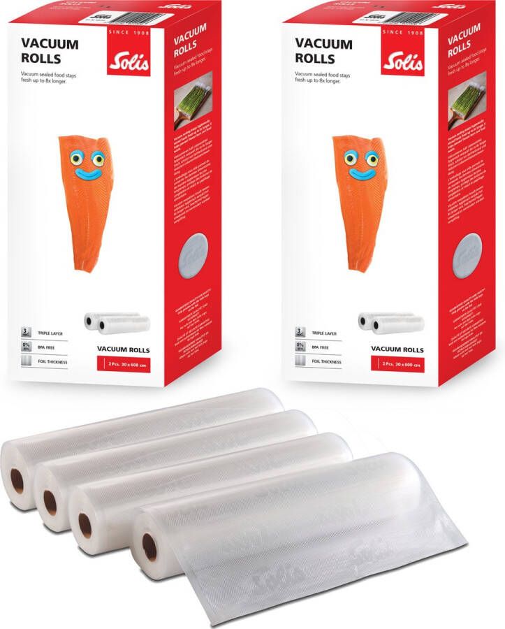 Solis Vacuumrollen 30 x 600 cm Geschikt voor Diepvries Magnetron en Sous Vide Koken BPA-Vrij Drielaags Vacuum Rollen Vacuumfolie Rollen 4 Stuks