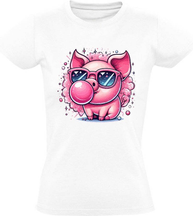 Sol's Varken maakt een bel met kauwgom Dames T-shirt dieren grappig snoep kleur vrolijk mooi leuk design dier roze bubblegum