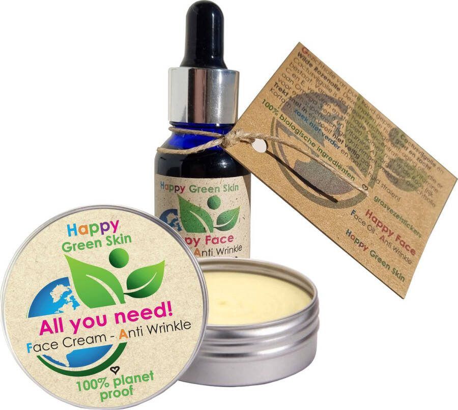Solutions cosmeceuticals Happy Face en All you need ECO Combinatie Gezichtscrème Oogcrème en Gezichtsolie 100% organic 100% planet proof duurzame groene cosmetica Retinol