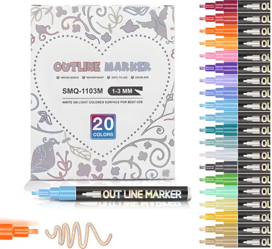 TrenDingz Glitterstiften Outline Markers 20 Stuks Kleuren Superkronkel Stiften Magische Glitterpennen Metallic Toverstiften 2mm tip Zilver