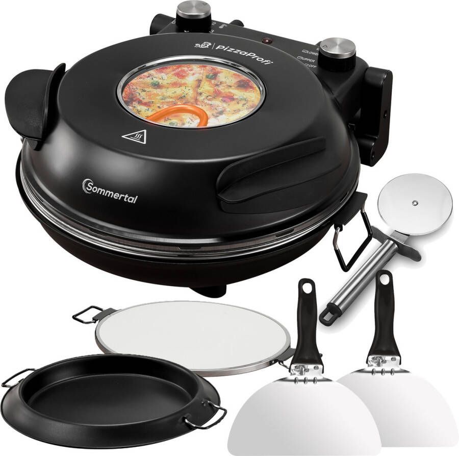 Sommertal PizzaProfi Elektrische Pizzaoven met 39cm of 32cm Steenplaat Snelle 3-Minuten Pizza tot 400°C 5-delige set met Paninzet 2x Pizzaschuiver Snijder Pizzasteen