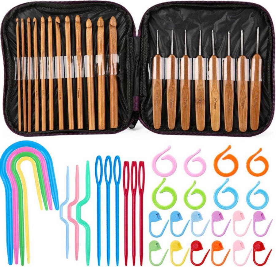 Somstyle 20-in-1 Haaknaalden Set Bamboe Crochet Set Breihaak Houtkleurig