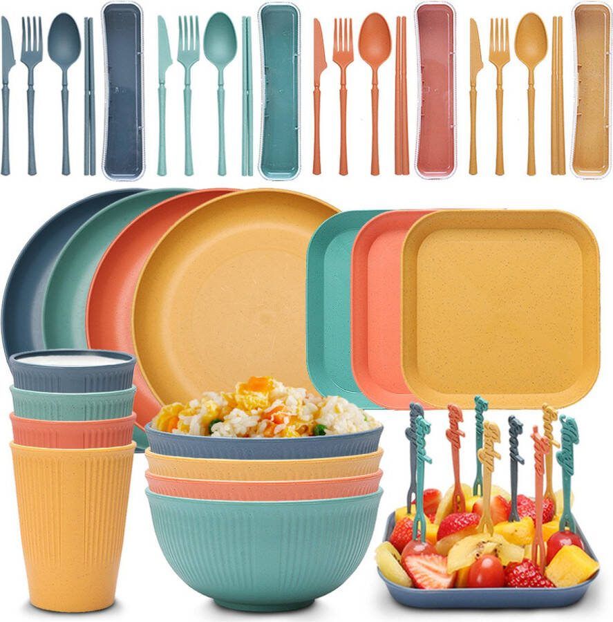 Somstyle 48-Delige Camping Servies Set Voor 4 Personen Picknick & BBQ Set Borden Bekers Bestek & Kommen Multicolor