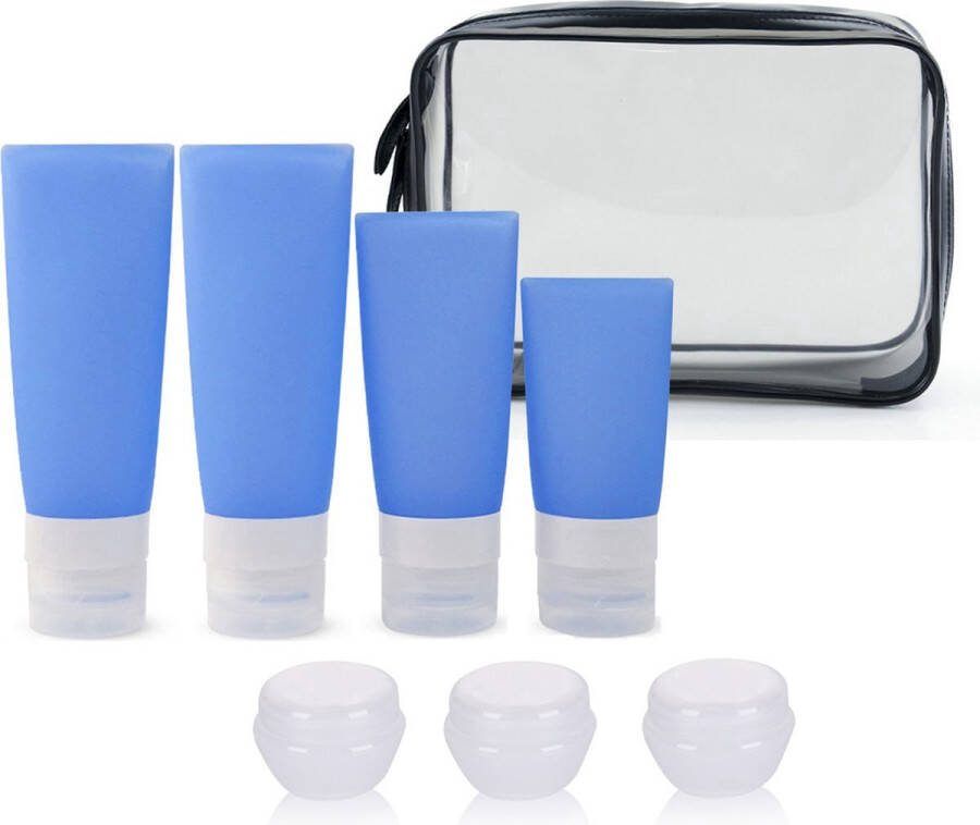Somstyle 8-Delig Reisflesjes Set Handbagage Toilettas voor Vliegtuig Inclusief Potjes & Navulbare Flacons Blauw