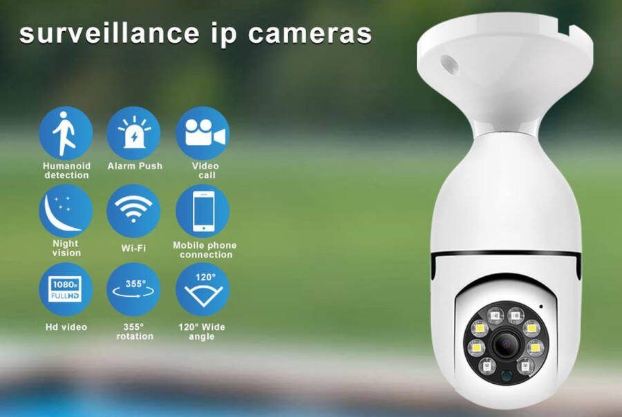 Somstyle Beveiligingscamera Draadloos Voor E27 Lichtfittingen Inclusief 32 GB SD-Kaart Verborgen Gloeilamp Camera Met WiFi en App 360 Graden Nachtzicht Wit