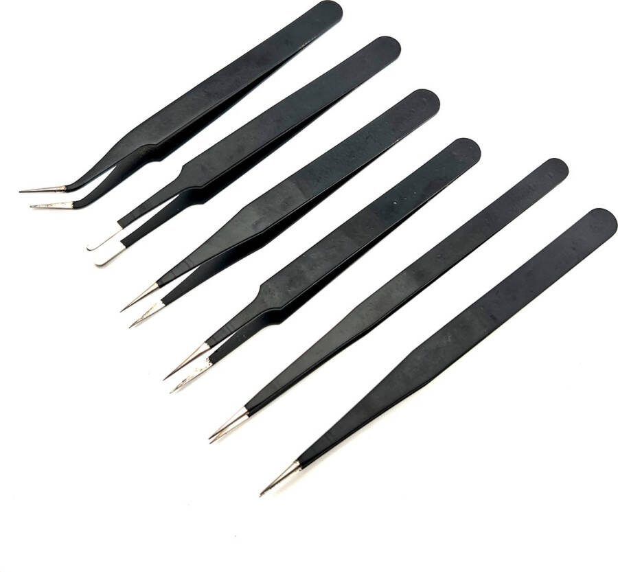 Somstyle ESD Pincetten Set 6 Stuks Epileer Pincet RVS Precisie voor Wenkbrauwen & Splinter Hobby Zwart