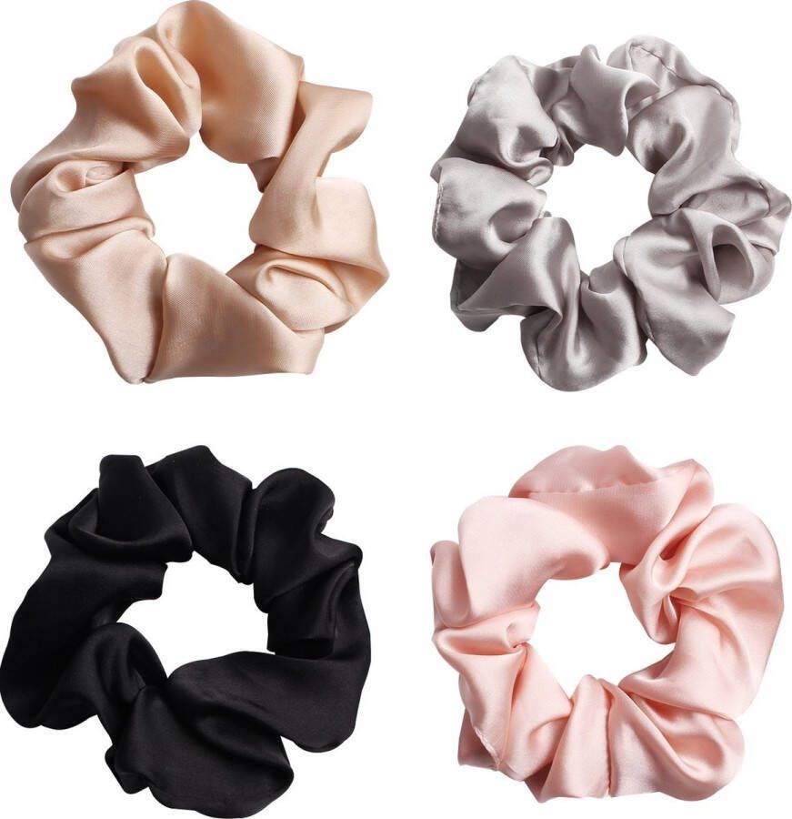 Somstyle Haar Scrunchies Set 4 Stuks Satijn Elastiek Dames Haaraccessoires Zwart Roze Champagne & Zilverkleurig