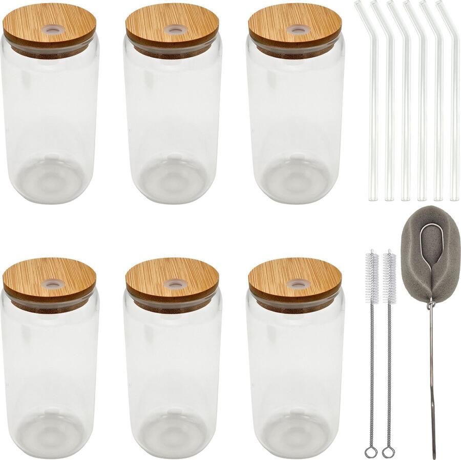 Somstyle 6x Bubble Tea Cup Met Glazen Rietjes 500 ML Drinkbeker Mason Jar met Deksel Boba Beker