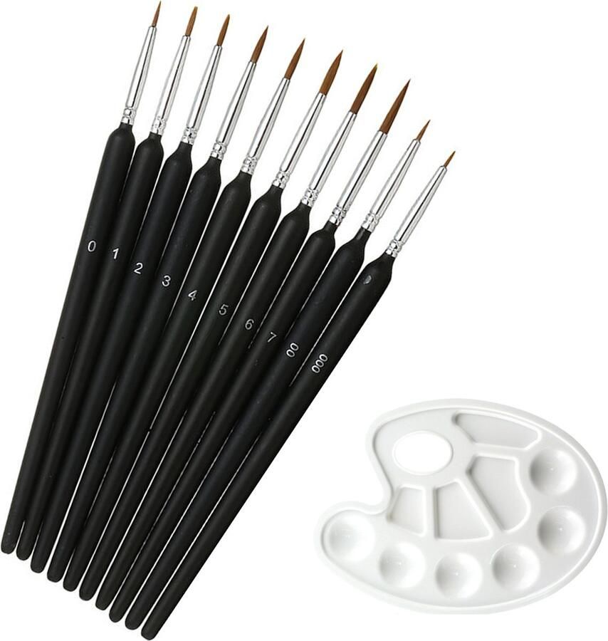 Somstyle Professionele Penselen Set Met Verfpalet 10 Kwasten Ergonomisch Schilderspalet Dunne Kwast Voor Acquarel Waterverf Acryl & Olieverf Gedetailleerd Schilderen Zwart