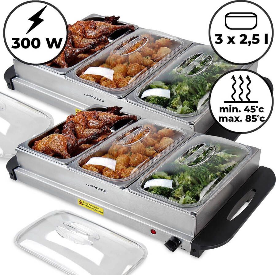 Somultishop Jago Set van 2 Elektrische Buffetverwarmers met Verwarmingsplaat Functie Temperatuurregelaar Warmhoudapparaat Voedselverwarmer Warmhoudplaat 2 stuks van 3 x 2 5 Liter Roestvrij Staal RVS